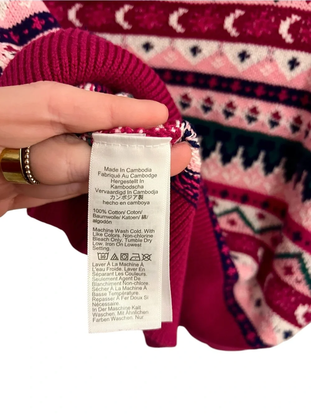J. Crew Pink & Green Fair Isle Cotton Crewneck Sweater